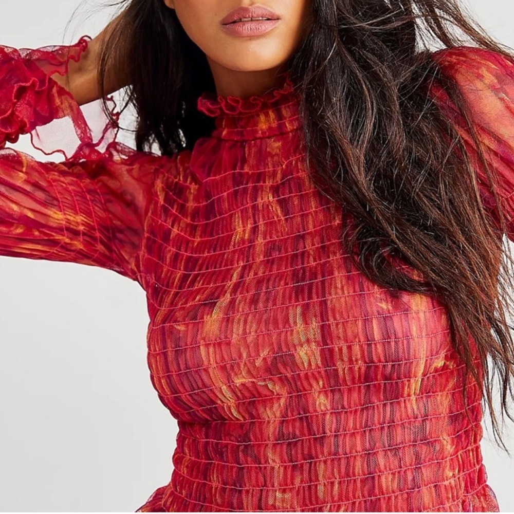 Free People Hello There Top Ruffled Sheer Mesh Smocked Blouse Sz S NWT Abstract